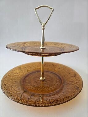 Indiana Glass Tiara Amber Glass Two Tier Vtg. Serving Tray